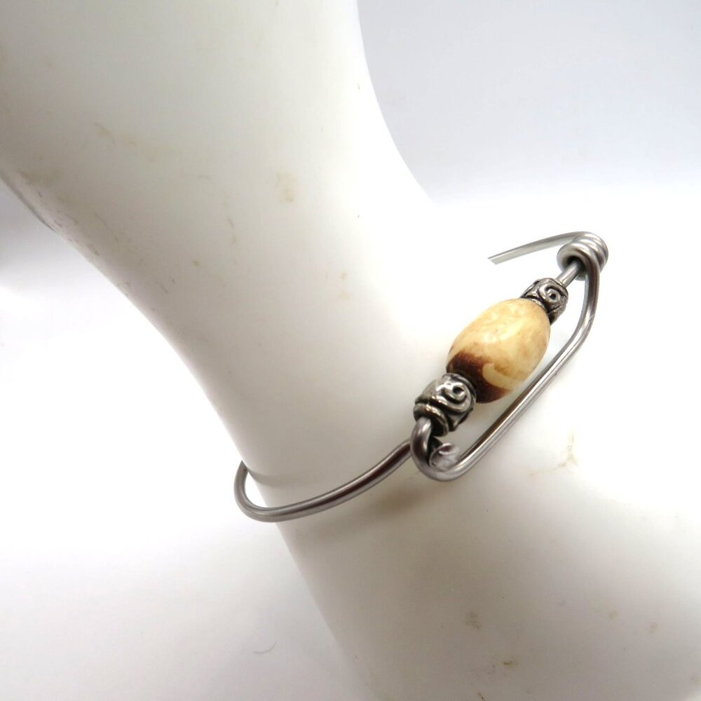 Wire Bangle Bracelet Carved‎ Wood Slide Bead Silver Tone Natural Boho Hippie